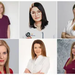 Sześć portretów lekarek w strojach medycznych, prawdopodobnie dermatologów.