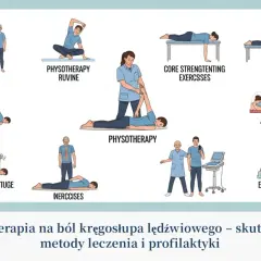 Ilustracje pokazują różne metody fizjoterapii na ból kręgosłupa, w tym ćwiczenia i terapię TENS, wspierające okolice lędźwiowe kręgosłupa.