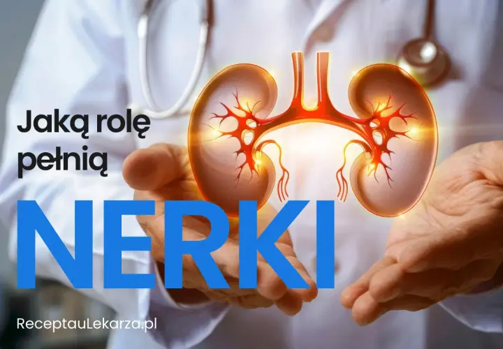 Dłonie trzymające schemat nerki w ciele. Tekst pyta: "Jaką rolę pełnią NERKI".