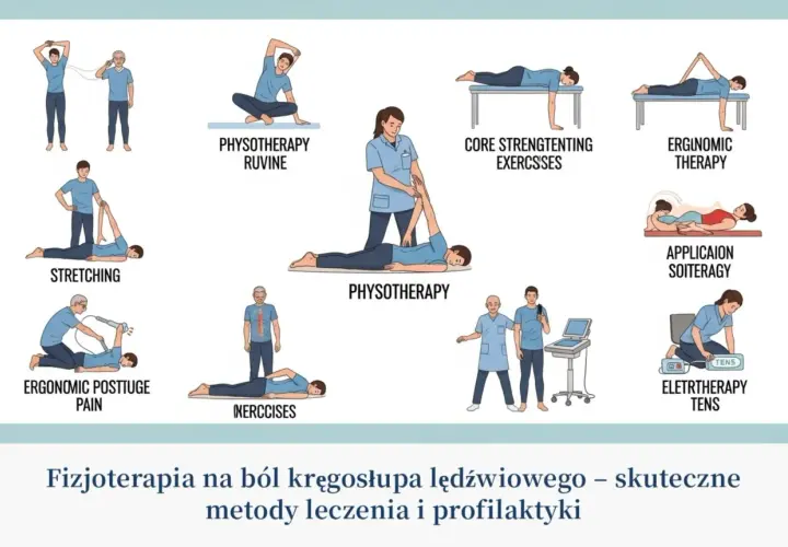 Ilustracje pokazują różne metody fizjoterapii, w tym ćwiczenia i zabiegi, pomocne po urazie kręgosłupa lędźwiowego po upadku.