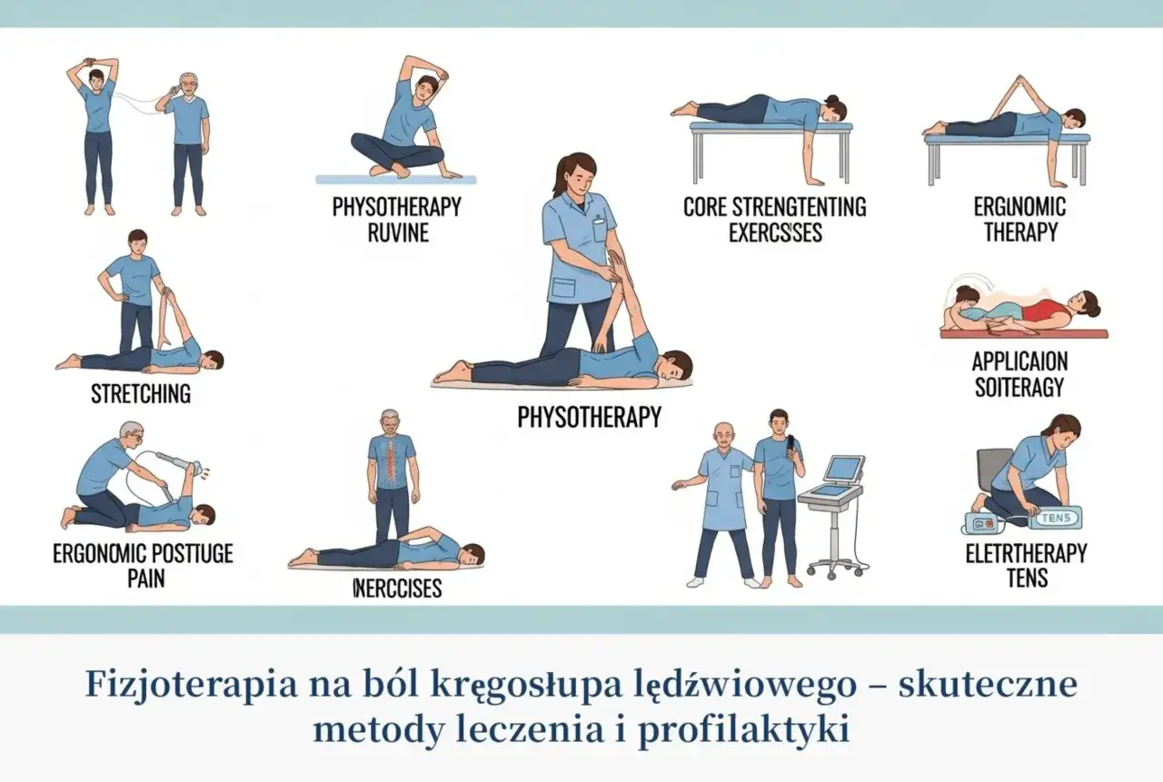 Ilustracje pokazują różne metody fizjoterapii, w tym ćwiczenia i zabiegi, pomocne przy zapaleniu mięśni kręgosłupa.