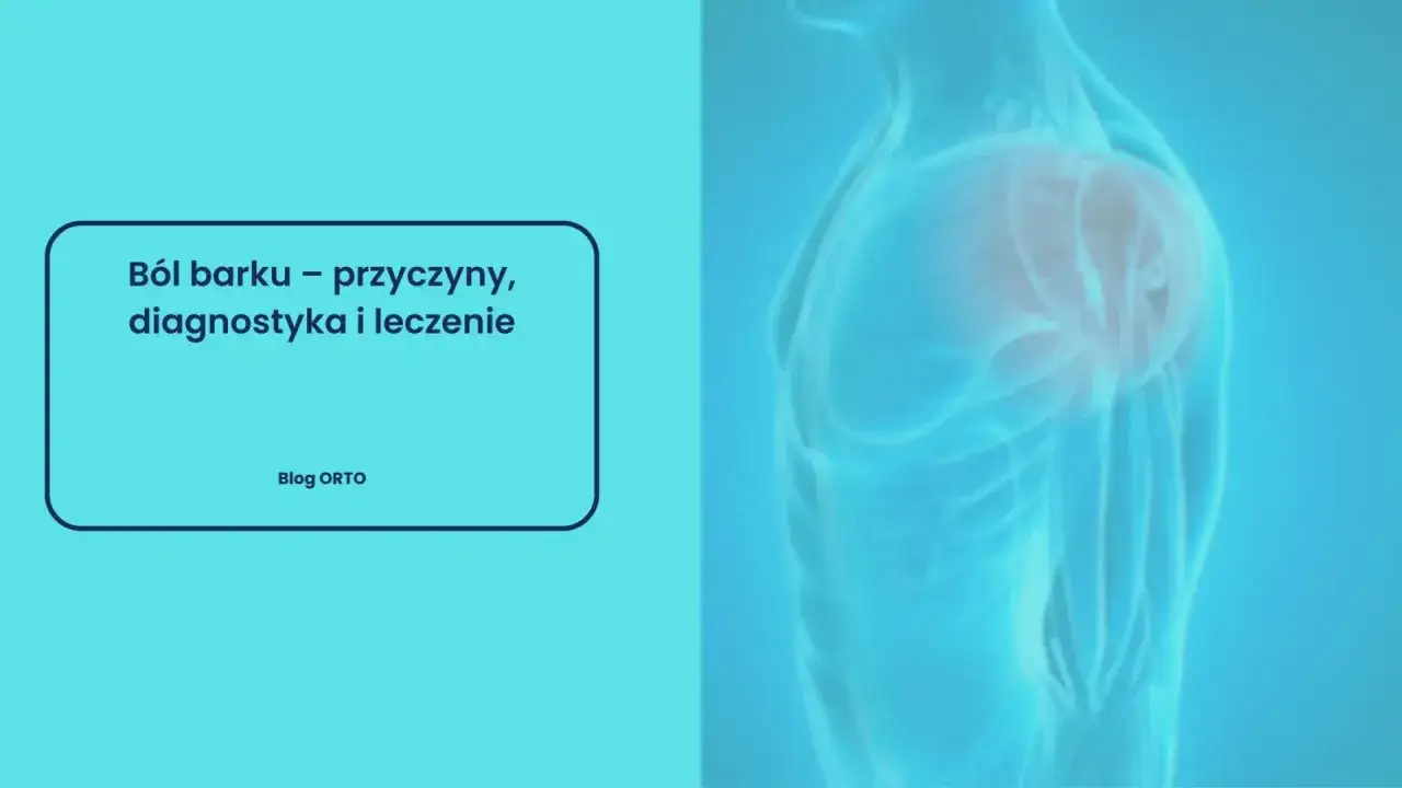 Anatomia ramienia z zaznaczonym obszarem bólu. Tekst: 